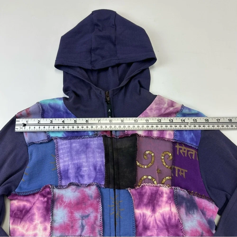 Patchwork boho hoodie Small lilac purple jersey sequin zip front casual - Picture 4 of 8